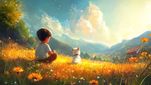 Sunlit valley shares a quiet moment with boy and his dog