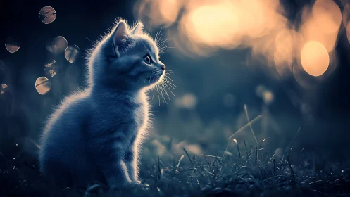 Whisker-Wise Dreamer: A Kitten's Luminous Night Vigil.