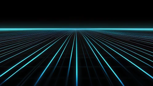 Neon horizon gridlines racing into a silent digital void.