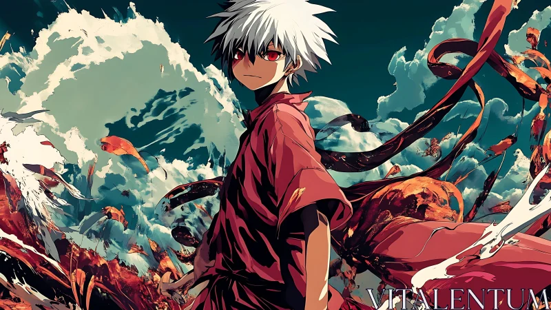 Dynamic red-cloaked anime warrior amid turbulent abstract waveforms