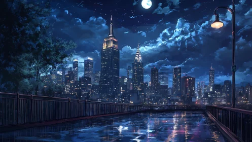 Moonlit city skyline glows above a quiet, rain-wet bridge