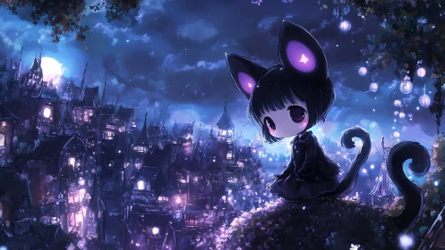 Noctilucent cat-eared chibi overlooking bioluminescent cityscape.