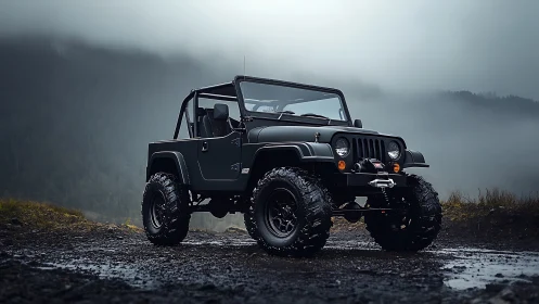 Midnight off-road outlaw poses beneath brooding mountain fog