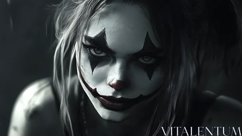 Intense female clown portrait glows in moody monochrome