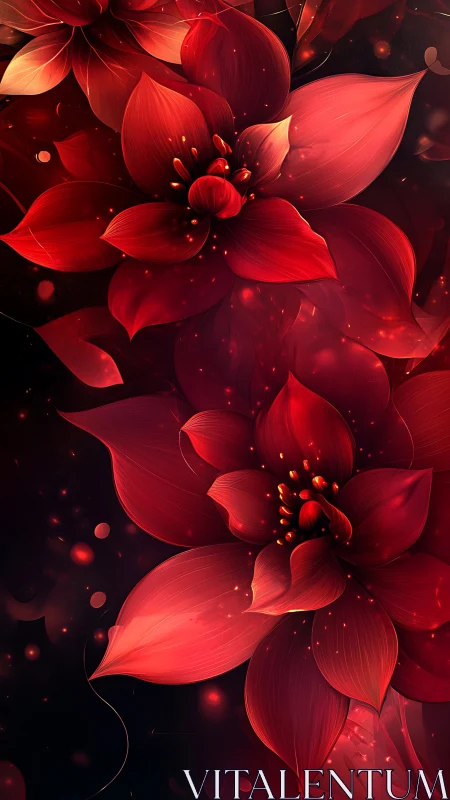 Luminous Red Flowers Against Dark Background with Glowing Particles.