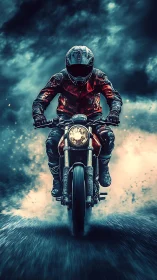 Stormy night rider charges forward through swirling clouds