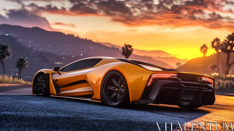 Yellow sports coupe on coastal road at orange sunset skyline.