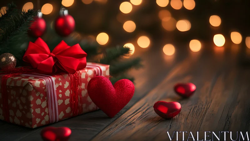 Red gift box with hearts and Christmas bokeh lights on wood