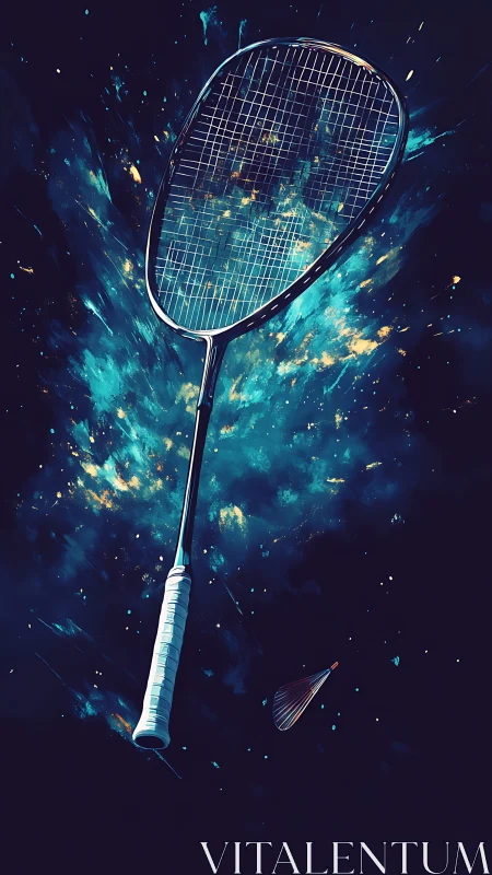 Badminton racket and shuttlecock in blue abstract space.