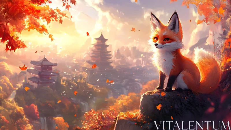 Fox sentinel smiles over temples in swirling autumn light