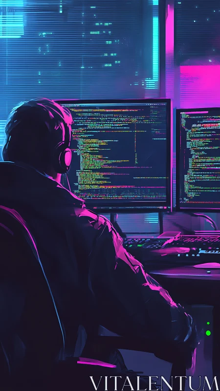 Programmer at dual monitors in neon cyberpunk office.