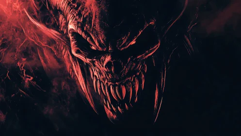 Demonic skull portrait in red smoke and deep shadow.