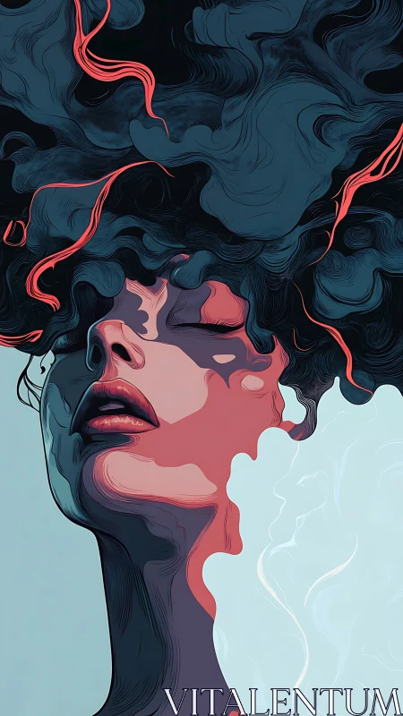 Surreal portrait with fluid smoke hair and neon red streams.