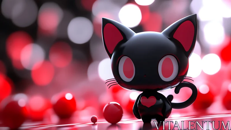 Glossy chibi black cat figurine over red bokeh lights.
