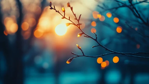 Delicate tree branch with glowing buds at sunset in dreamy bokeh style.