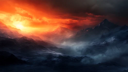 Emberstorm sunrise over frostbitten alien mountain sea.