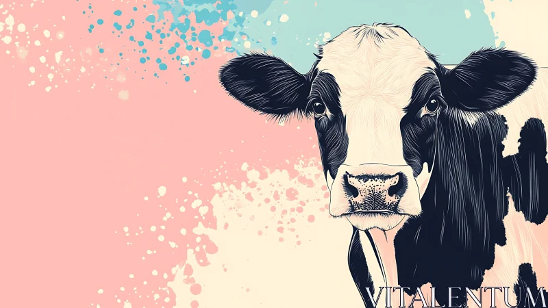 Graphic Holstein portrait on pastel splatter gradient background.