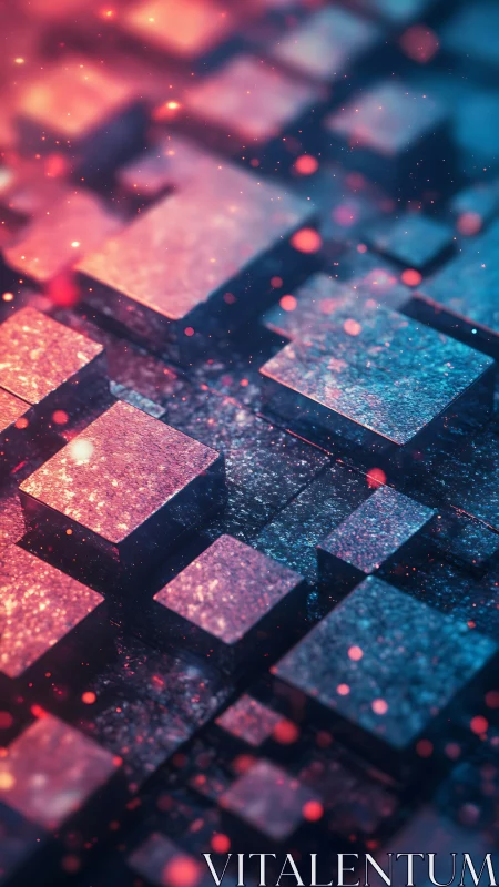 Volumetric neon voxel lattice under dynamic bokeh illumination.