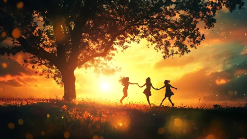 Children Running Through Sunset Field Under Ancient Tree.