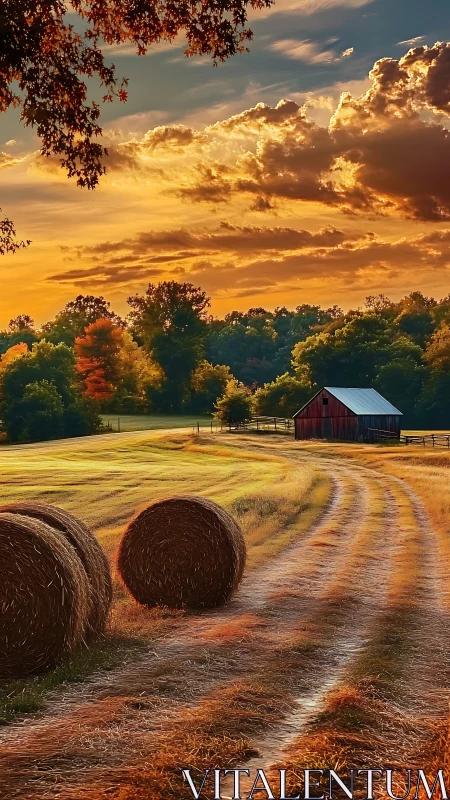 Golden hayfield sunset frames rustic barn and winding track.