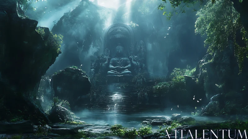 Silent stone deity breathes light into a hidden jungle cove