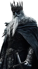Dark armored king stands solemn with sword and iron crown