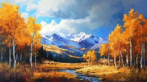 Golden autumn valley with snowcapped mountains and stream.
