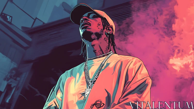 Stylized street portrait of rapper amid pink smoke clouds.