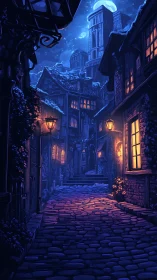 Quiet medieval alley under moonlit sky with warm lanterns.