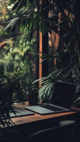 Laptop workstation stands by window among dense indoor plants