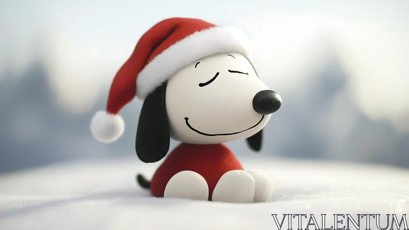 Cartoon beagle figurine in red Santa hat on snow field.