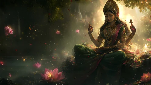 Golden goddess rests in glowing lotus garden of gentle light