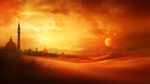 Desert mosque skyline under fiery celestial sunset glow.