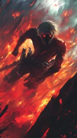 Infernal humanoid figure charges through vertical firestorm