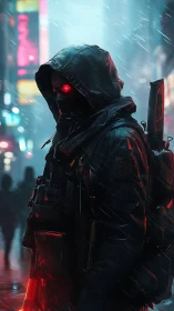 Cybernetic hooded operative in neon rain-soaked alleyway.