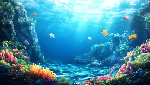 Sunlit tropical reef panorama with colorful coral life.