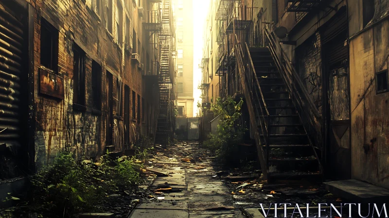 Urban alleyway with decay, litter and rusted fire escapes.