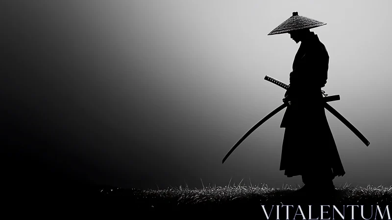 Samurai silhouette with dual katanas against graded monochrome background