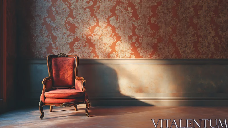 Sunlit velvet armchair in ornate vintage interior corner.
