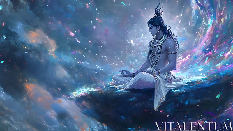Celestial blue yogi in cosmic meditation amid prismatic vortex
