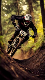 Downhill mountain biker on forest trail cornering hard.