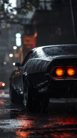 Midnight muscle car glowing through a rainy city street.
