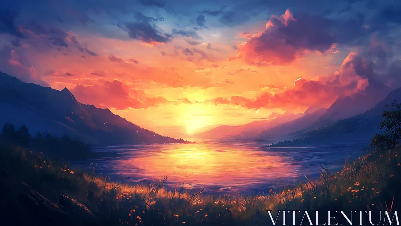 Mountain lake at sunset with vivid cloud and light gradients.