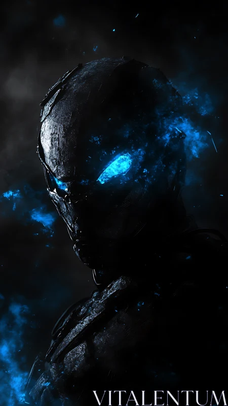 Cybernetic humanoid figure with glowing blue eyes in smoke