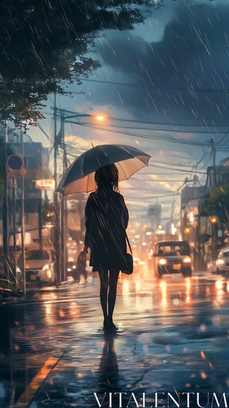 Silhouetted girl with umbrella on neon lit rainy city street