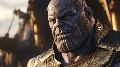 Cinematic close up of armored purple titan under warm backlight