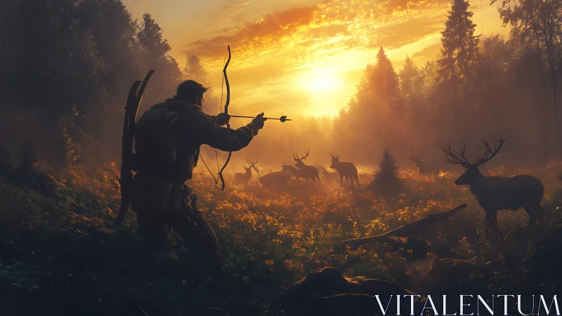 Bow hunter stalks deer herd in glowing sunset forest scene.