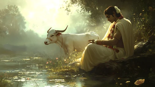 Gentle riverbank moment where woman and white cow rest softly