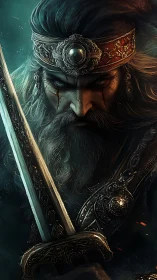 Weathered warrior king holding a gleaming ancient sword.