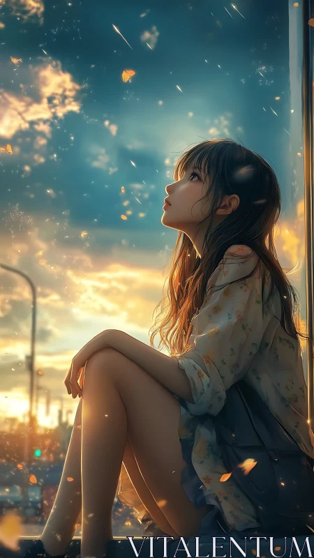 Dreamy sunset girl watching golden sparks drift by.